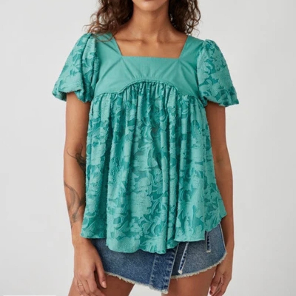 Free People Sunrise to Sunset Malachite Babydoll Blouse Womens M Green Boho